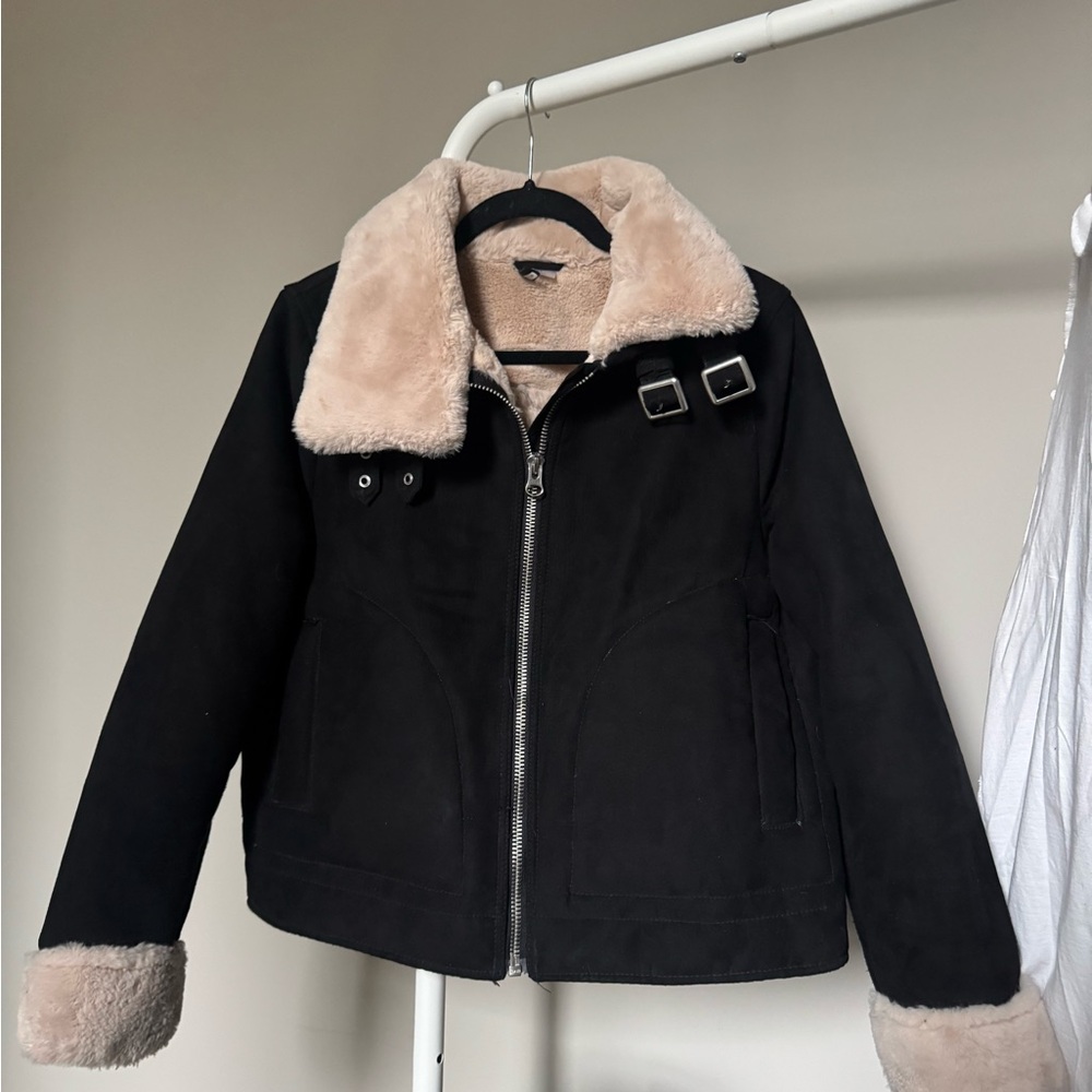 H&M Black and Cream Teddy Jacket with Plush Collar